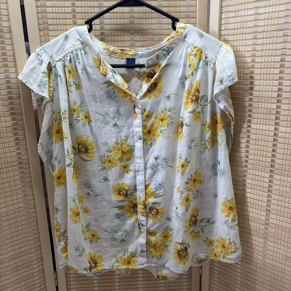 Old Navy Top Women's Large White Button Up Yellow Floral Short Sleeves